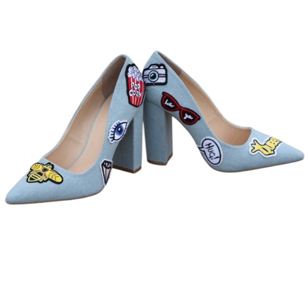 Y2K Quipid Denim Queen Bee Patch Funky Edgy Retro Feminine Chunky Block Heels 6